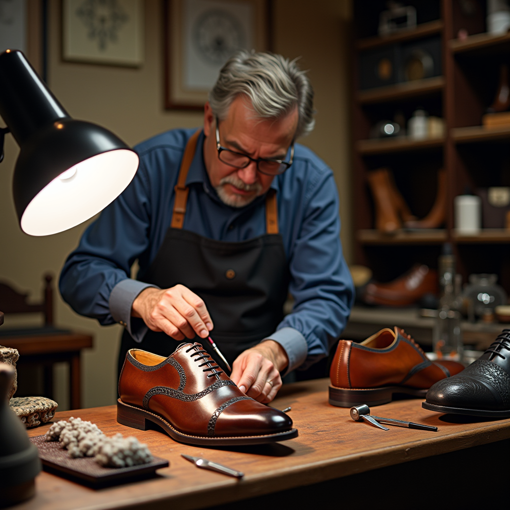 Laboratorio artigianale italiano dove maestri calzolai lavorano scarpe eleganti con tecniche tradizionali, ambiente luminoso con strumenti di precisione e pellami pregiati