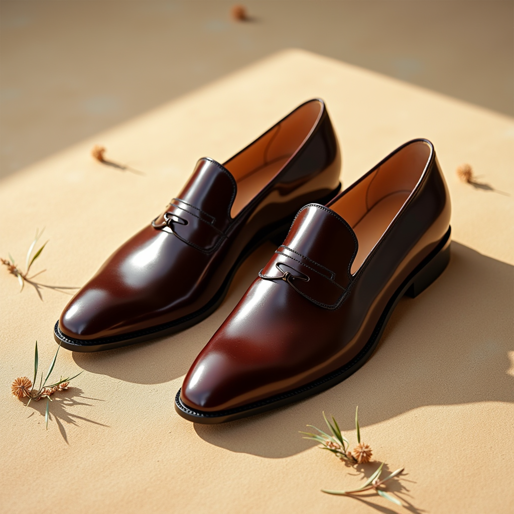 Scarpe italiane eleganti in pelle disposte su superficie minimalista color sabbia con illuminazione naturale morbida