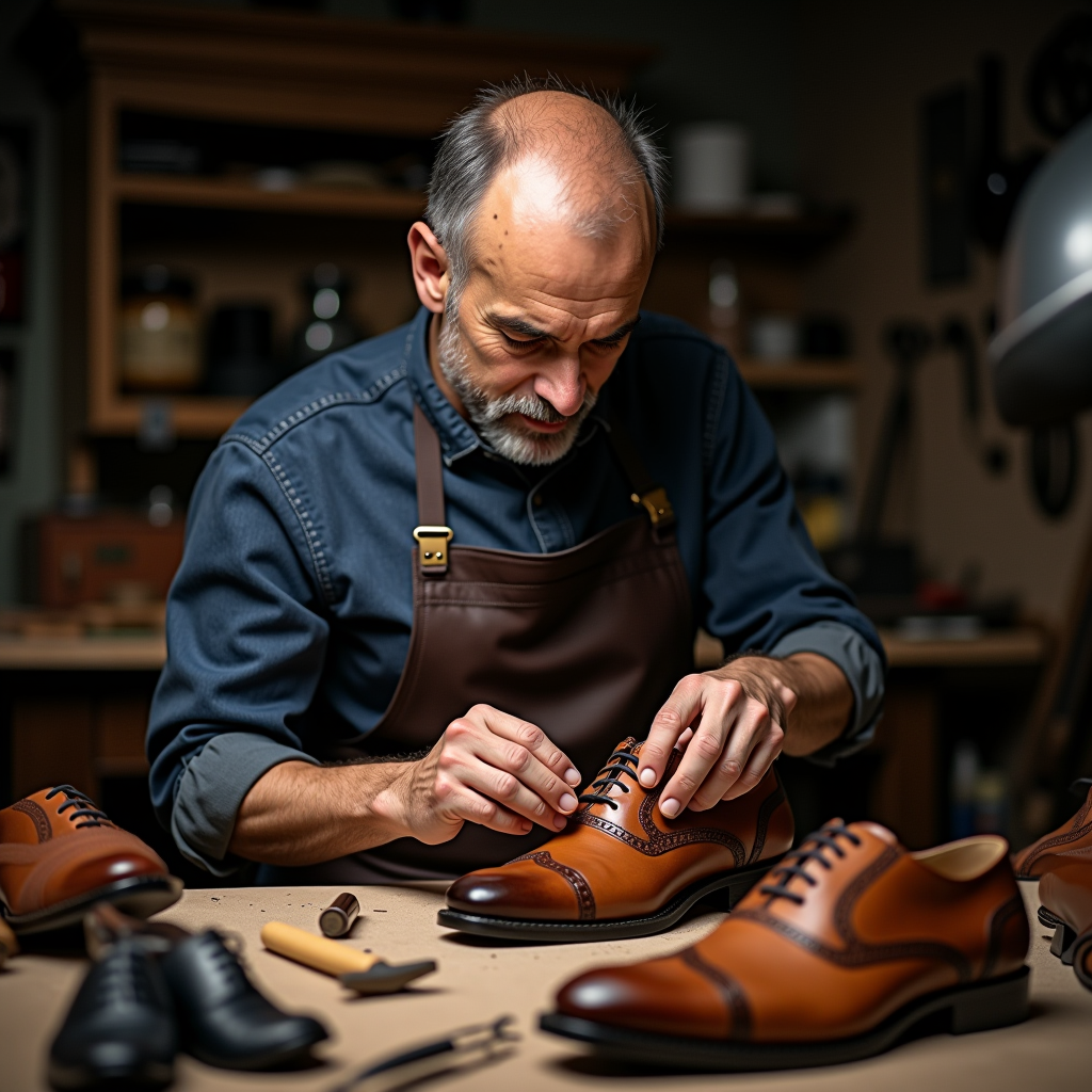 Maestro artigiano italiano che lavora con precisione su scarpe in pelle di alta qualità nel suo laboratorio tradizionale, con strumenti artigianali e materiali premium visibili