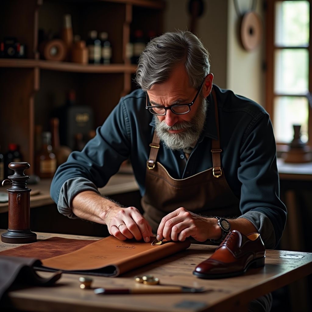 Maestro artigiano italiano che lavora con cura scarpe in pelle premium in un laboratorio tradizionale illuminato da luce naturale, circondato da strumenti artigianali e pelli di alta qualità