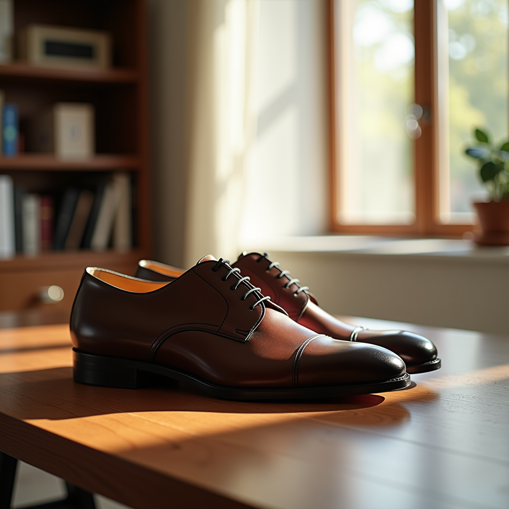 Ambiente ufficio professionale con eleganti scarpe italiane in pelle disposte su una scrivania minimalista con illuminazione naturale calda