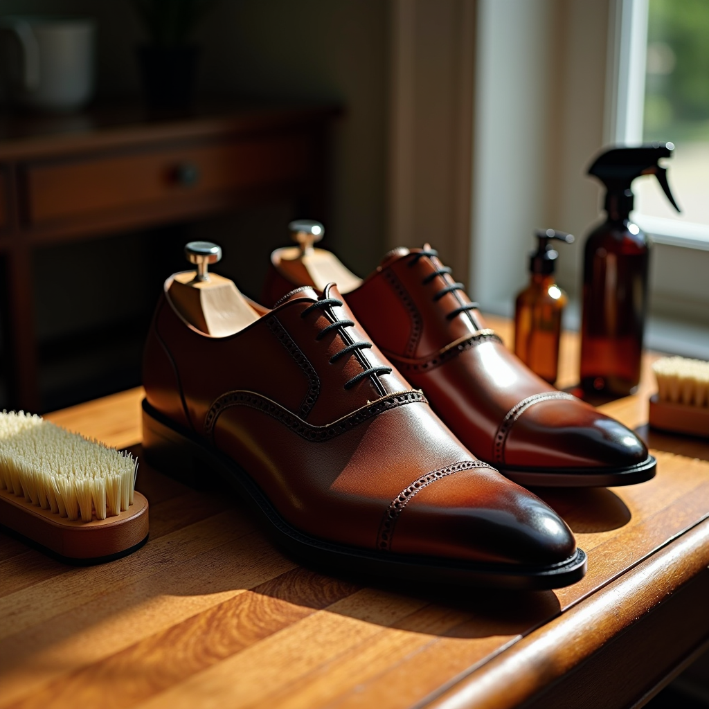 Scarpe eleganti in pelle italiana curate con spazzole professionali e prodotti per la pulizia su una superficie di legno con illuminazione naturale morbida