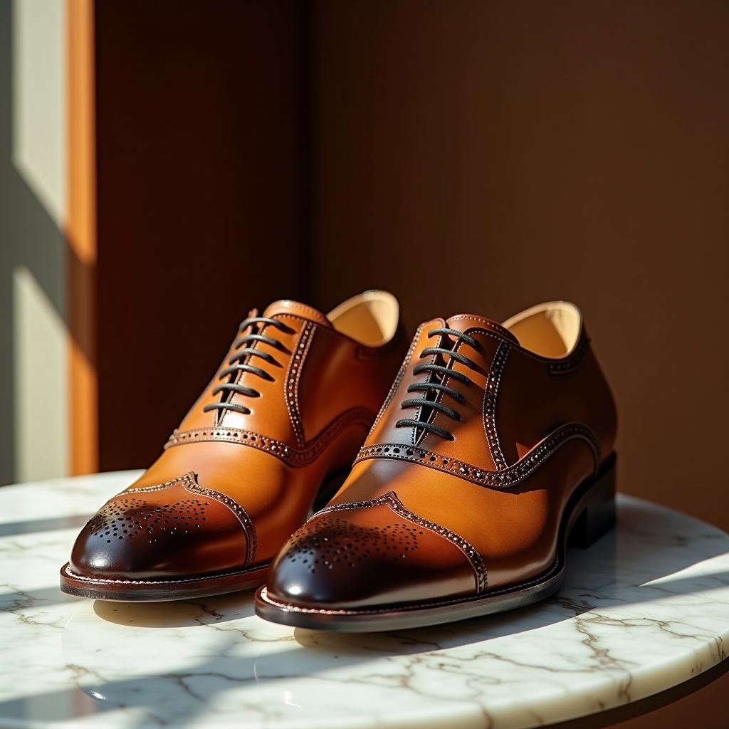 Esposizione di scarpe eleganti in pelle italiana artigianale, con dettagli raffinati e cuciture precise, disposte su una superficie in marmo con illuminazione naturale calda che evidenzia la qualità dei materiali e la maestria artigianale