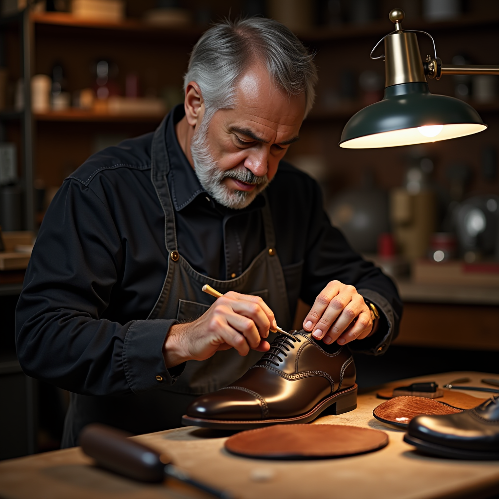 Maestro artigiano italiano che lavora con precisione su una scarpa di lusso in pelle, mostrando strumenti tradizionali e materiali premium in un'officina calda e illuminata
