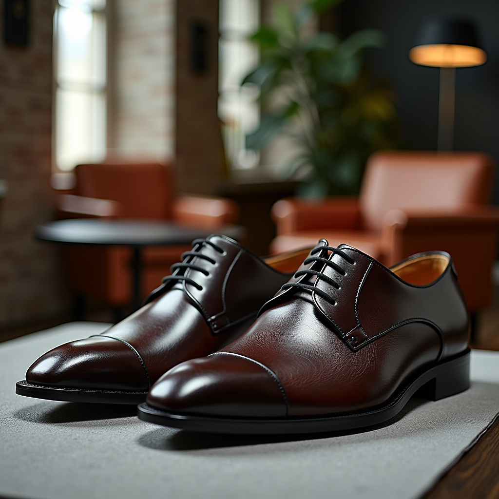 Eleganti scarpe italiane da ufficio disposte in un ambiente professionale moderno, che mostrano stile sofisticato e comfort per l'ambiente di lavoro