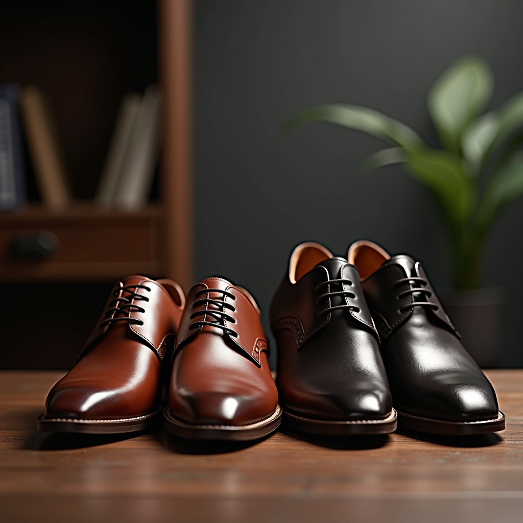 Eleganti scarpe italiane in pelle disposte in un ambiente professionale moderno, con illuminazione soffusa che evidenzia la qualità e il design raffinato, adatte per contesti aziendali