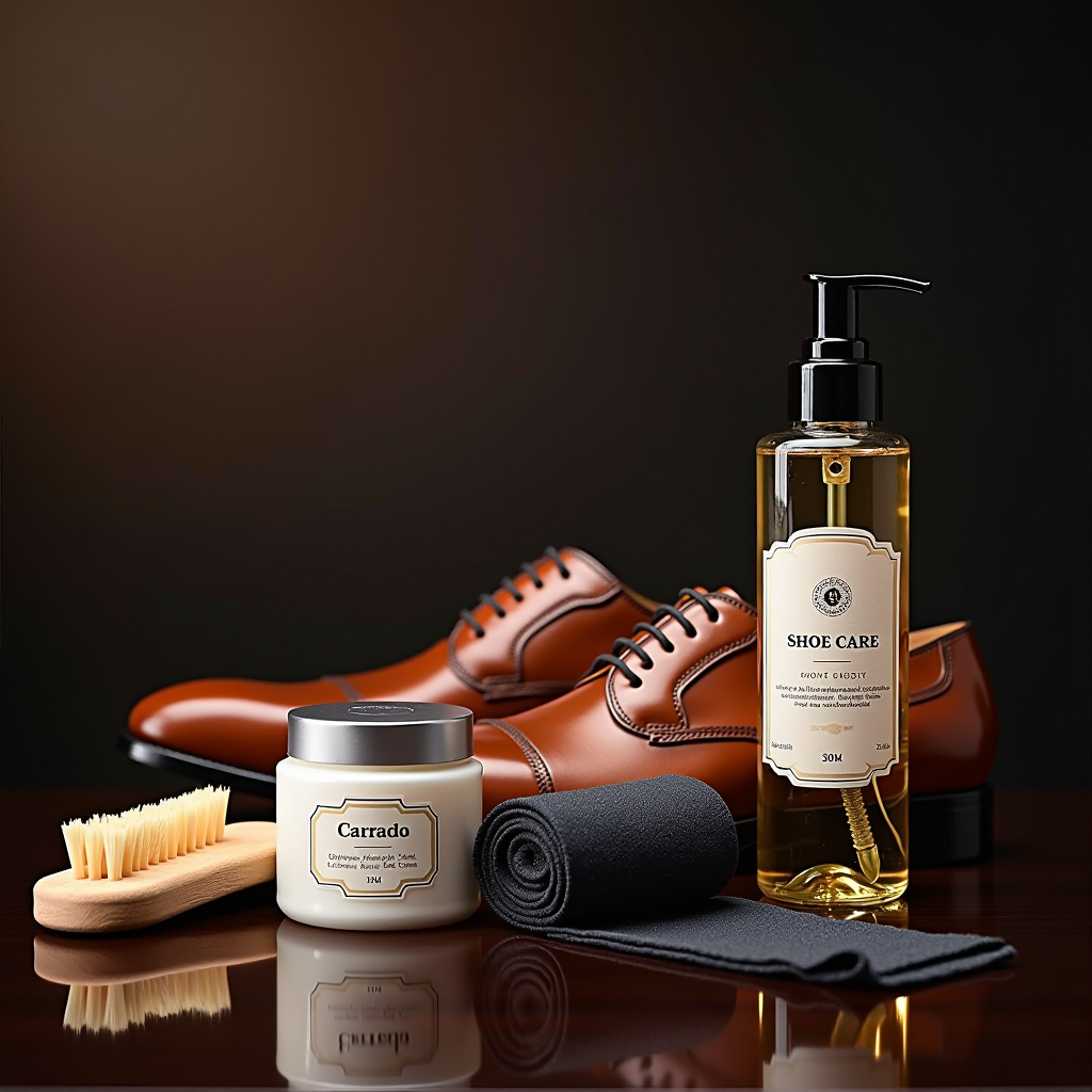Set di prodotti per la cura delle scarpe di alta qualità con spazzole, creme e condizionatori disposti accanto a scarpe in pelle ben mantenute su una superficie elegante