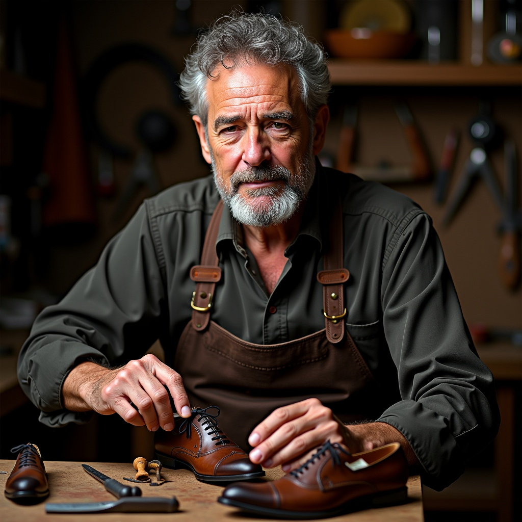 Alessandro Ferrari, maestro calzolaio senior di Italora, ritratto in laboratorio con strumenti tradizionali