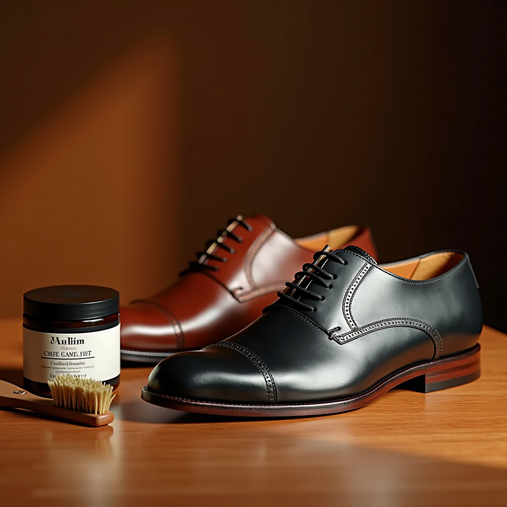 Set di prodotti premium per la cura delle scarpe disposti elegantemente con spazzole, creme e condizionatori accanto a scarpe italiane in pelle ben mantenute, su una superficie calda e minimalista